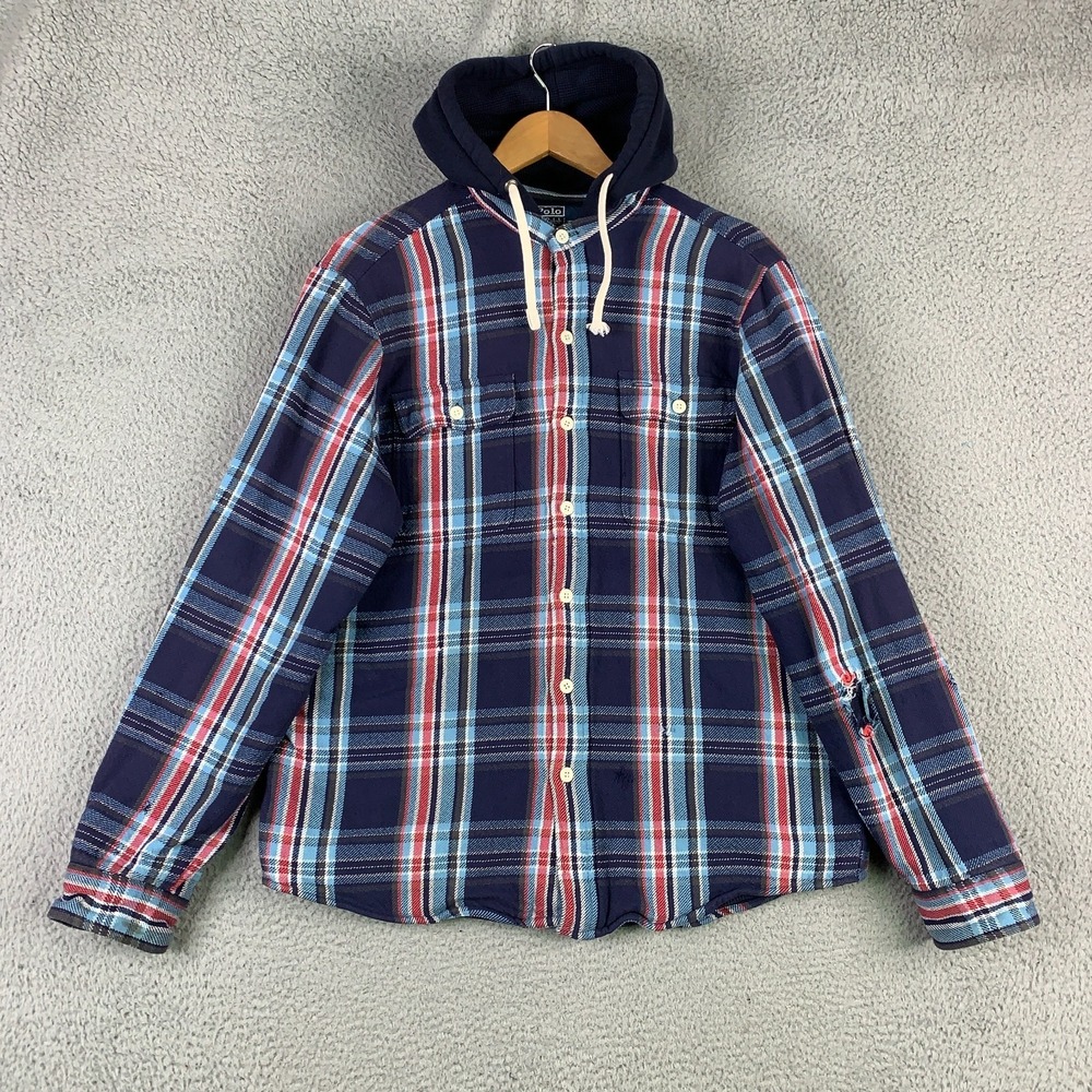 Vintage Polo Ralph Lauren Flannel Hoodie Men's Large L Plaid Thermal-Lined VTG